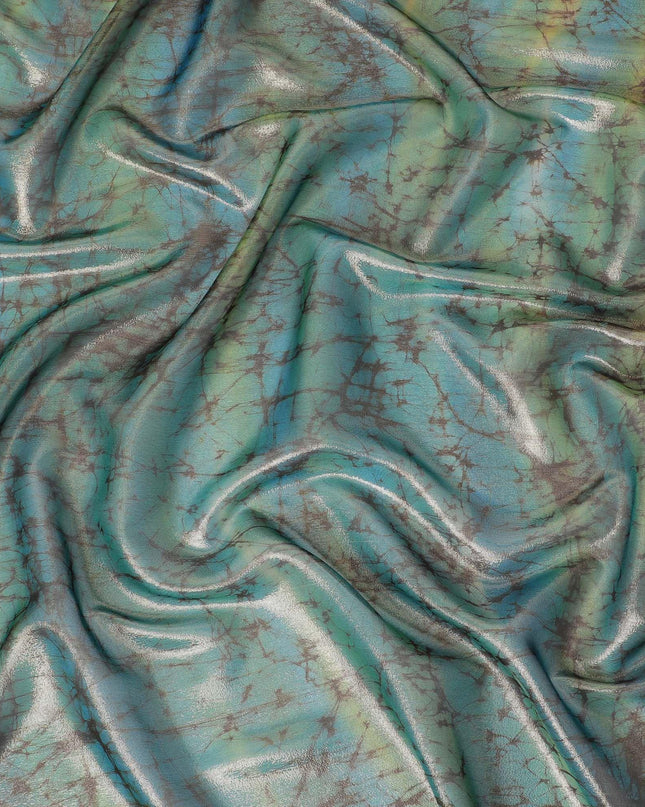 شيفون من الحرير الخالص الفاخر باللون الأزرق بحر إيجه مع لوريكس معدني ذهبي وطبعات بنية بتصميم تجريدي-D11394