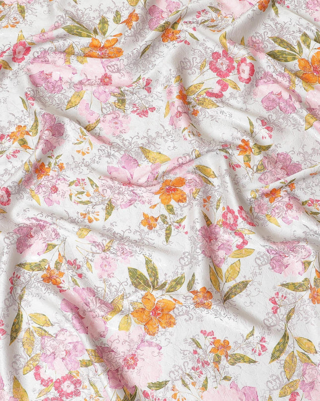 Abalone grey premium pure silk satin fabric with orange, baby pink and mustard green print having rose pink film metallic in floral design-D9417