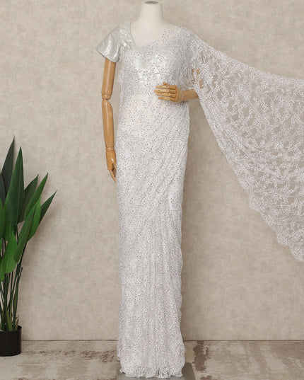 Snow White Premium French Chantilly Saree Lace with Stone Work 5.5 Mtrs Length, Width 110 Cms and Made in France-D27176