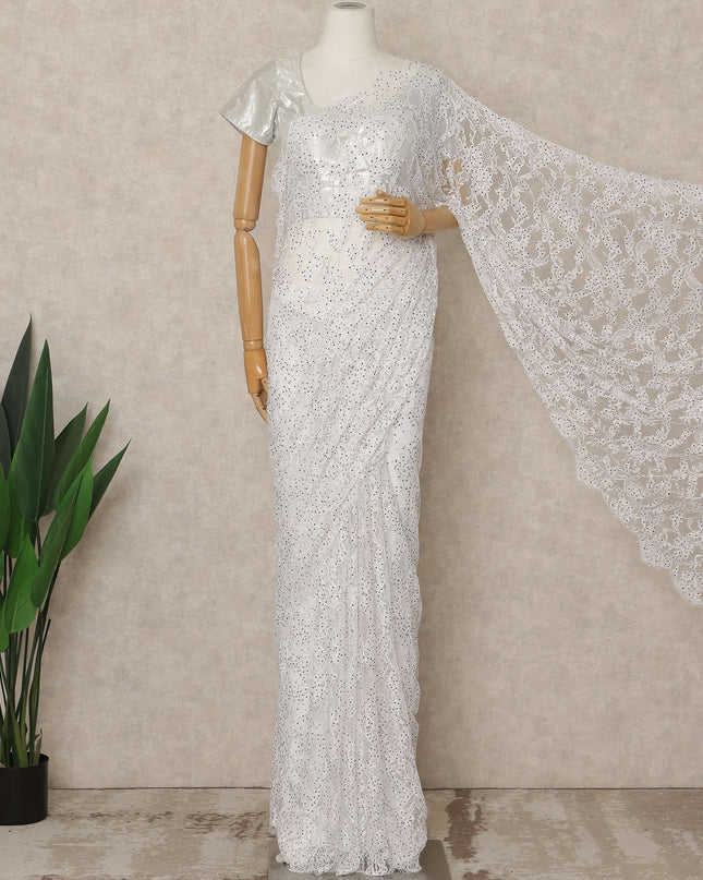 Snow White Premium French Chantilly Saree Lace with Stone Work 5.5 Mtrs Length, Width 110 Cms and Made in France-D27176