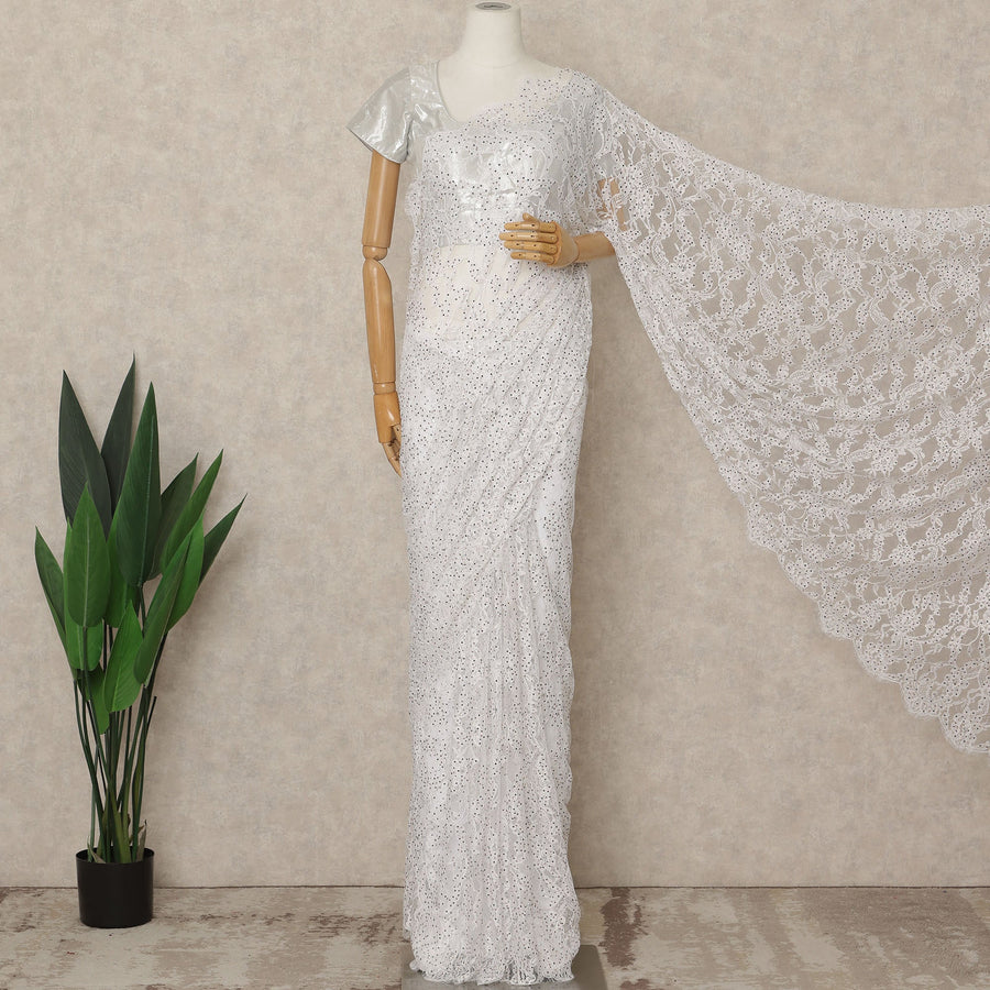 Snow White Premium French Chantilly Saree Lace with Stone Work 5.5 Mtrs Length, Width 110 Cms and Made in France-D27176