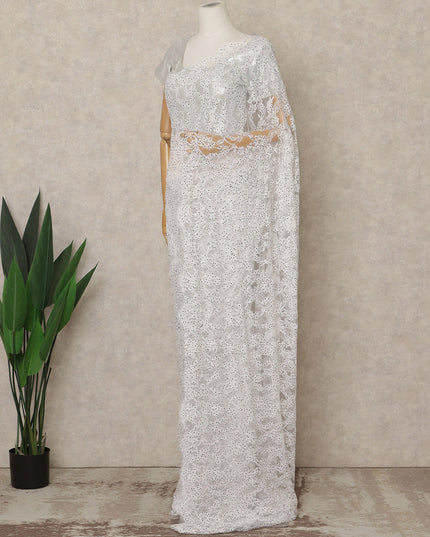 Snow White Premium French Chantilly Saree Lace with Stone Work 5.5 Mtrs Length, Width 110 Cms and Made in France-D27176