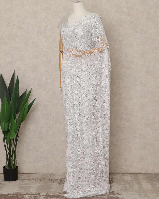 Snow White Premium French Chantilly Saree Lace with Stone Work 5.5 Mtrs Length, Width 110 Cms and Made in France-D27176