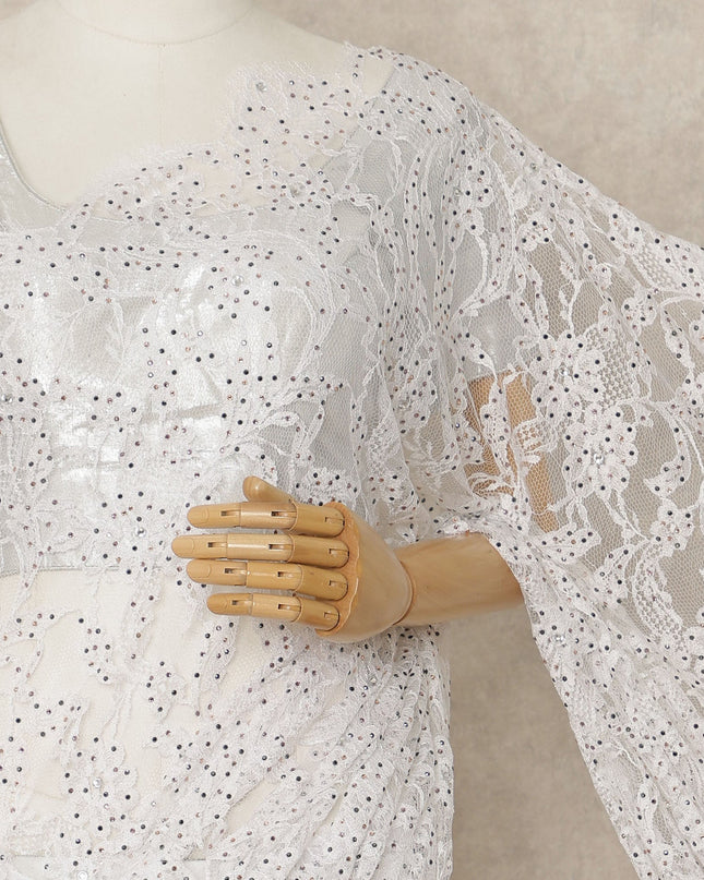 Snow White Premium French Chantilly Saree Lace with Stone Work 5.5 Mtrs Length, Width 110 Cms and Made in France-D27176