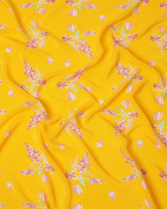 Yellow Pink Floral Print Pure Silk Crepe Fabric, Width 110 Cms, Made in India-D26087 Regal Fabrics