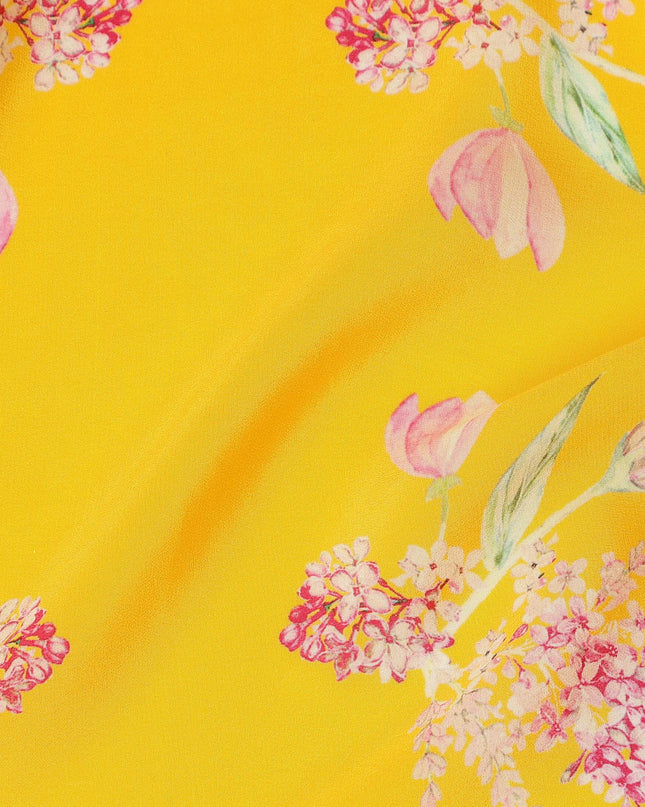 Yellow Pink Floral Print Pure Silk Crepe Fabric, Width 110 Cms, Made in India-D26087 Regal Fabrics