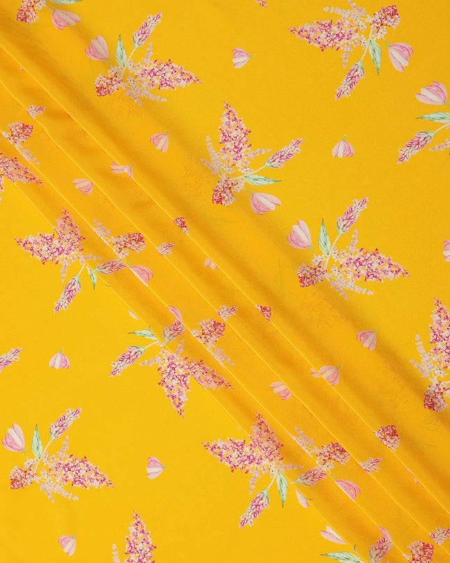 Yellow Pink Floral Print Pure Silk Crepe Fabric, Width 110 Cms, Made in India-D26087 Regal Fabrics