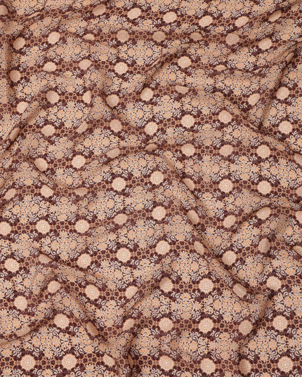 Brown Beige Geometric Floral Pattern Pure Silk Crepe Fabric, Width 110 Cms, Made in India-D26077
