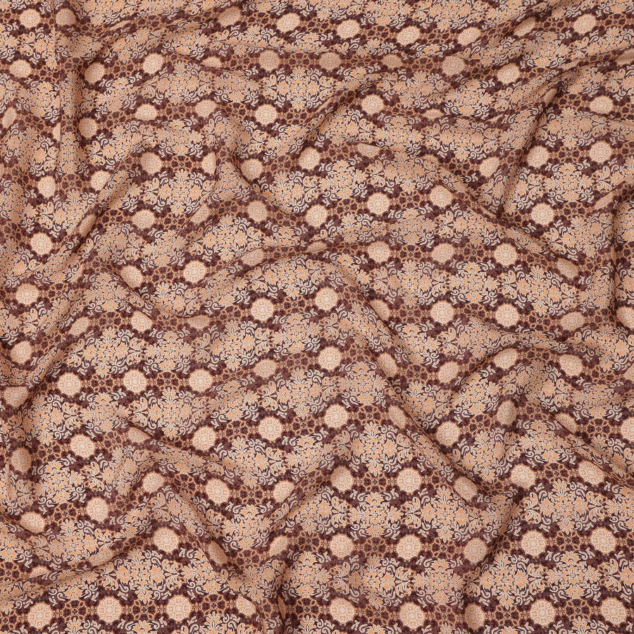Brown Beige Geometric Floral Pattern Pure Silk Crepe Fabric, Width 110 Cms, Made in India-D26077