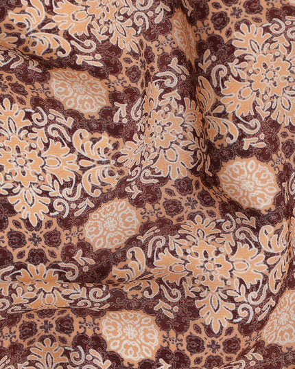 Brown Beige Geometric Floral Pattern Pure Silk Crepe Fabric, Width 110 Cms, Made in India-D26077