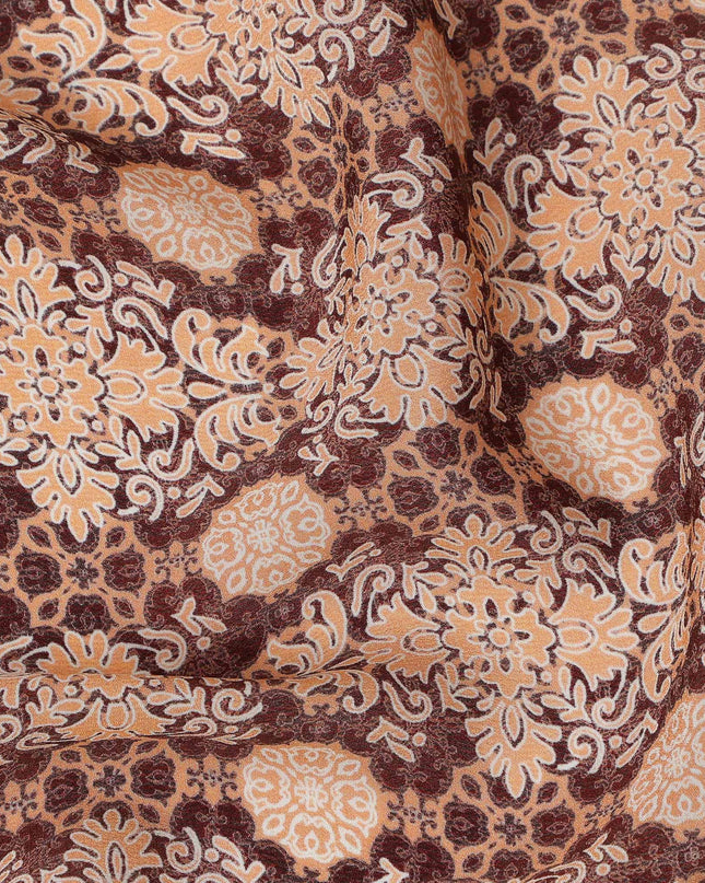 Brown Beige Geometric Floral Pattern Pure Silk Crepe Fabric, Width 110 Cms, Made in India-D26077