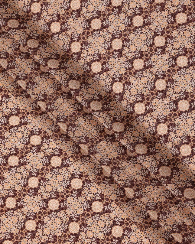 Brown Beige Geometric Floral Pattern Pure Silk Crepe Fabric, Width 110 Cms, Made in India-D26077