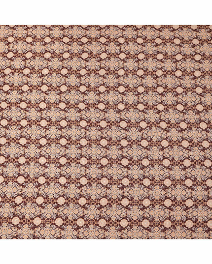 Brown Beige Geometric Floral Pattern Pure Silk Crepe Fabric, Width 110 Cms, Made in India-D26077