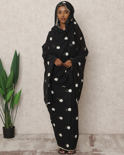 Black Traditional Sudanese Thobe with White Floral Voile Embroidery, 4.5 Mtrs Piece, Pure Cotton Fabric, Width 140 Cms, Made in India-D24455 - Regal Fabrics