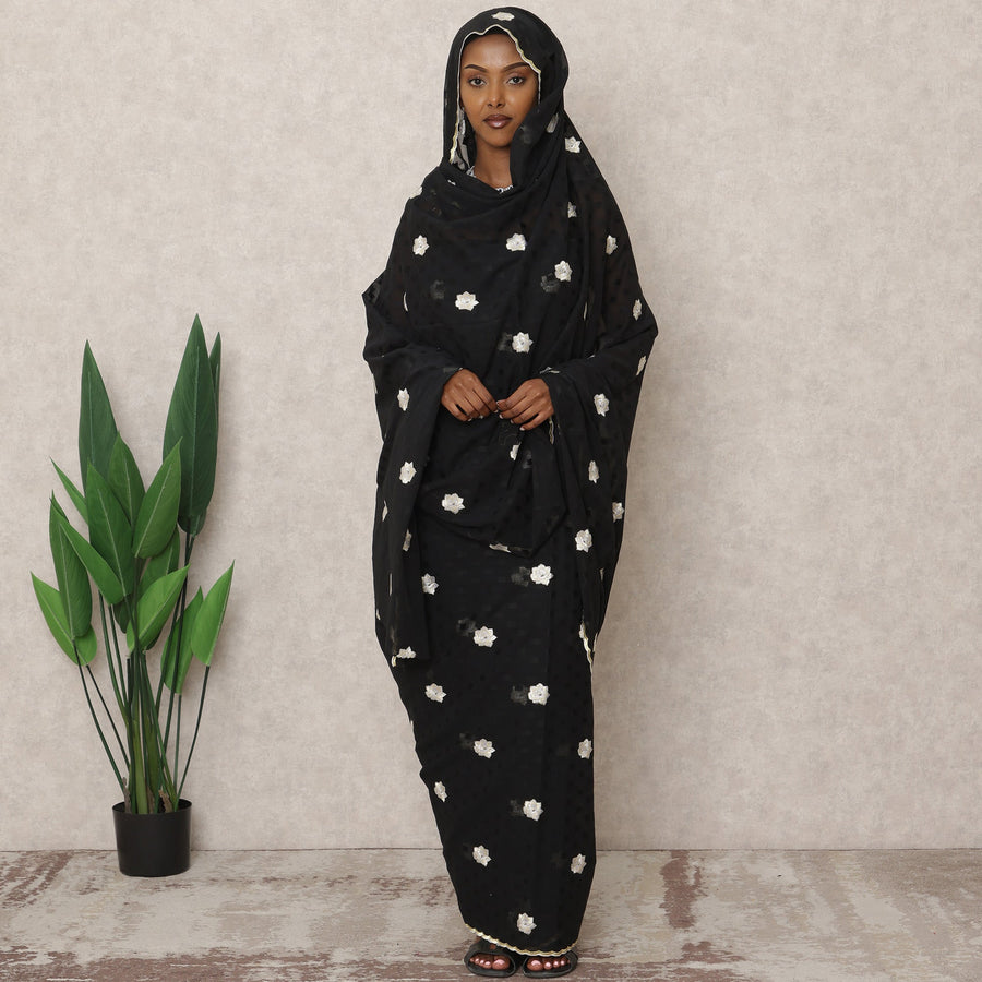 Black Traditional Sudanese Thobe with White Floral Voile Embroidery, 4.5 Mtrs Piece, Pure Cotton Fabric, Width 140 Cms, Made in India-D24455 - Regal Fabrics