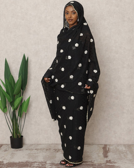 Black Traditional Sudanese Thobe with White Floral Voile Embroidery, 4.5 Mtrs Piece, Pure Cotton Fabric, Width 140 Cms, Made in India-D24455 - Regal Fabrics