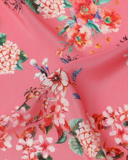 Pink Multicolor Floral Print Pure Silk Crepe Fabric, Width 110 Cms, Made in India-D26086