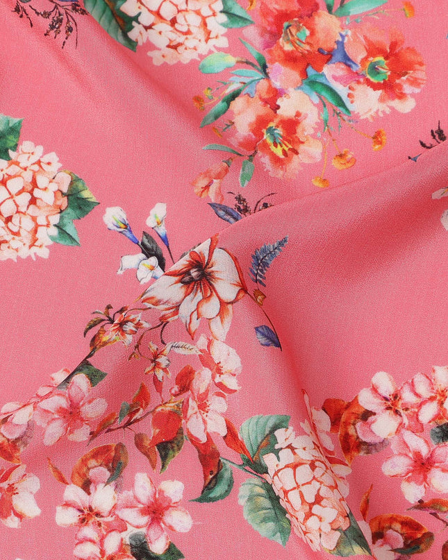 Pink Multicolor Floral Print Pure Silk Crepe Fabric, Width 110 Cms, Made in India-D26086