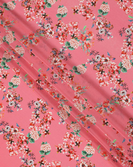 Pink Multicolor Floral Print Pure Silk Crepe Fabric, Width 110 Cms, Made in India-D26086