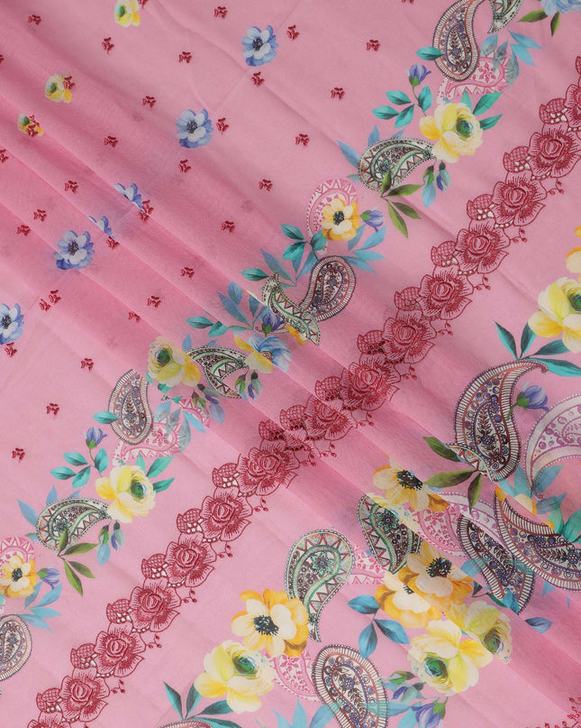 Pink Floral Paisley Printed Premium Traditional Sudanese Thobe Pure Cotton Voile Fabric 4.5 Mtrs Piece 140 Cms Width Switzerland Origin-D28544