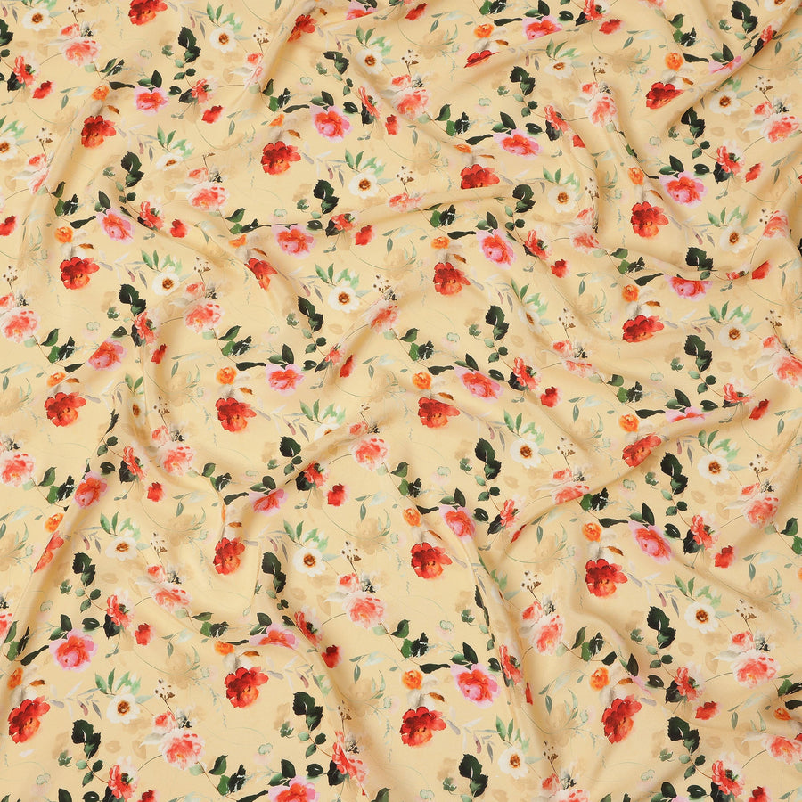 Beige Multicolor Floral Print Pure Silk Crepe Fabric, Width 110 Cms, Made in India-D26082