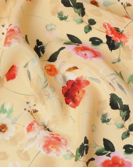Beige Multicolor Floral Print Pure Silk Crepe Fabric, Width 110 Cms, Made in India-D26082