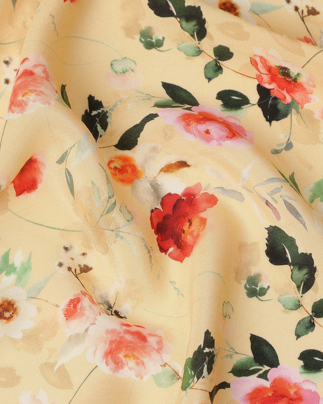 Beige Multicolor Floral Print Pure Silk Crepe Fabric, Width 110 Cms, Made in India-D26082