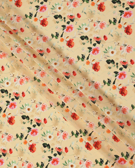 Beige Multicolor Floral Print Pure Silk Crepe Fabric, Width 110 Cms, Made in India-D26082