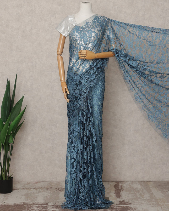 Teal Blue Premium 2-Tone French Chantilly Lace Saree Fabric 5.5 Mtrs with 110 Cms Width – Imported from France-D25656