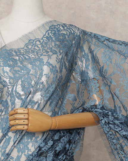 Teal Blue Premium 2-Tone French Chantilly Lace Saree Fabric 5.5 Mtrs with 110 Cms Width – Imported from France-D25656
