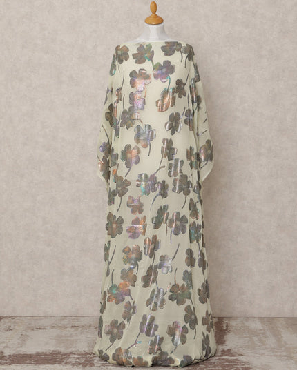 Pale Yellow Pure Silk Chiffon Somali Dirac Fabric with Metallic Floral Lurex, 3.5 Mtrs, Width 140 Cms, Made in South Korea-D24523