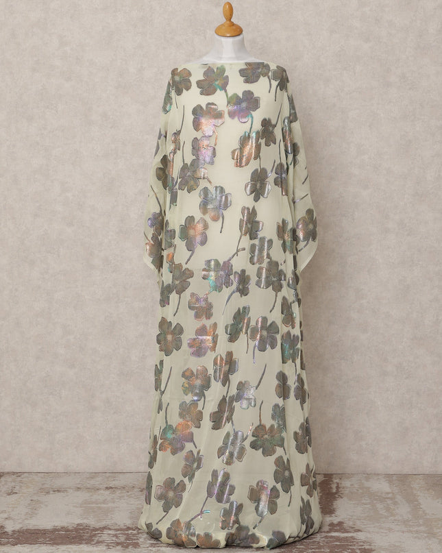 Pale Yellow Pure Silk Chiffon Somali Dirac Fabric with Metallic Floral Lurex, 3.5 Mtrs, Width 140 Cms, Made in South Korea-D24523