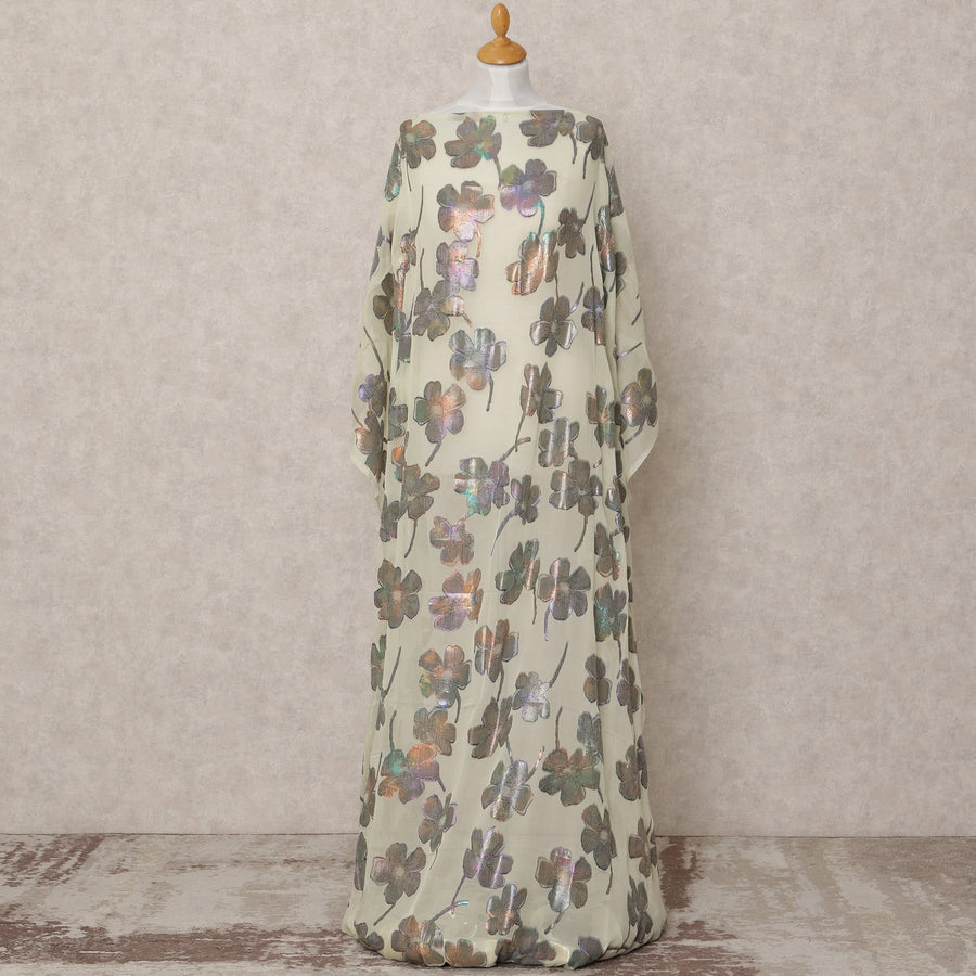 Pale Yellow Pure Silk Chiffon Somali Dirac Fabric with Metallic Floral Lurex, 3.5 Mtrs, Width 140 Cms, Made in South Korea-D24523