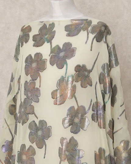 Pale Yellow Pure Silk Chiffon Somali Dirac Fabric with Metallic Floral Lurex, 3.5 Mtrs, Width 140 Cms, Made in South Korea-D24523