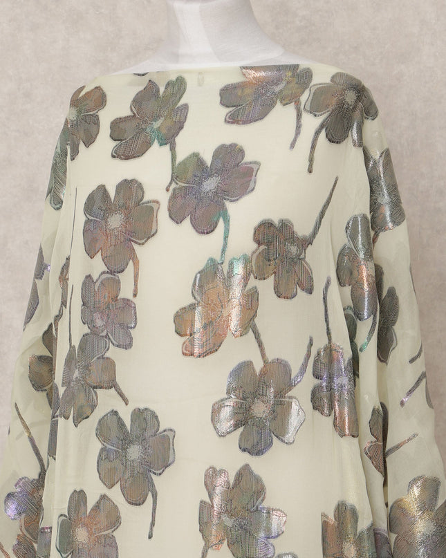 Pale Yellow Pure Silk Chiffon Somali Dirac Fabric with Metallic Floral Lurex, 3.5 Mtrs, Width 140 Cms, Made in South Korea-D24523