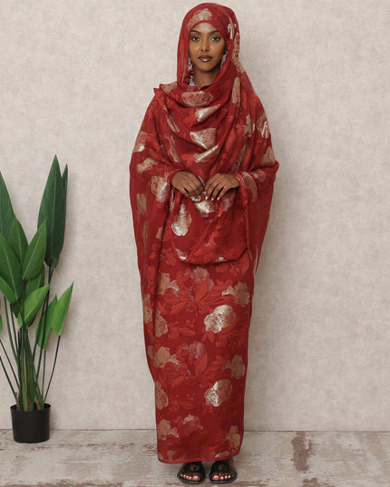 ثوب سوداني تقليدي فرنسي أحمر، مصنوع من قماش شيفون حرير فرنسي خالص بطول 4.5 متر وقماش لوركس معدني، عرض 140 سم، صنع في فرنسا - D24488