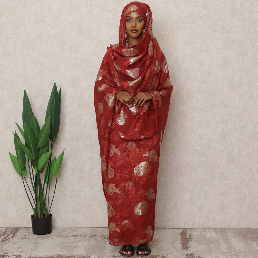 ثوب سوداني تقليدي فرنسي أحمر، مصنوع من قماش شيفون حرير فرنسي خالص بطول 4.5 متر وقماش لوركس معدني، عرض 140 سم، صنع في فرنسا - D24488