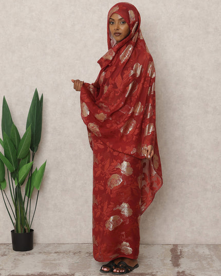 ثوب سوداني تقليدي فرنسي أحمر، مصنوع من قماش شيفون حرير فرنسي خالص بطول 4.5 متر وقماش لوركس معدني، عرض 140 سم، صنع في فرنسا - D24488