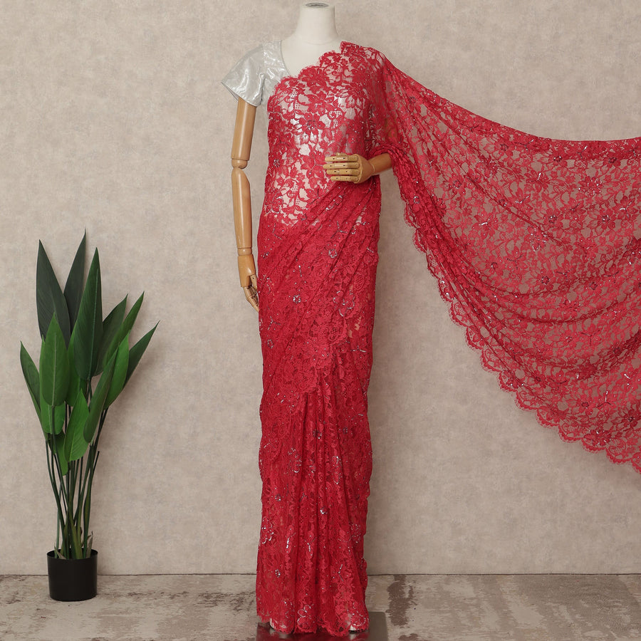 Crimson Red Premium French Chantilly Saree Lace with Stone Work 5.5 Mtrs Length, Width 110 Cms and Made in France-D27173