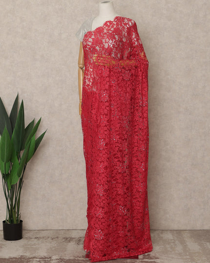 Crimson Red Premium French Chantilly Saree Lace with Stone Work 5.5 Mtrs Length, Width 110 Cms and Made in France-D27173