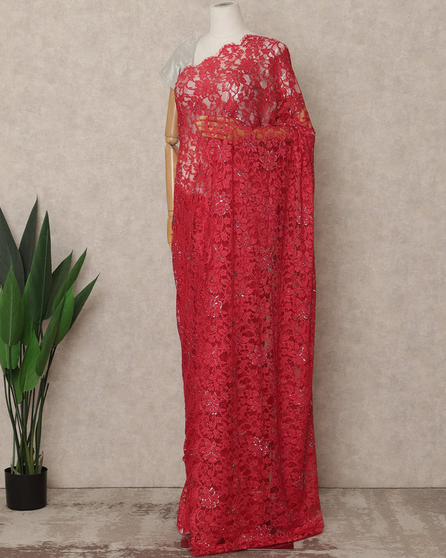 Crimson Red Premium French Chantilly Saree Lace with Stone Work 5.5 Mtrs Length, Width 110 Cms and Made in France-D27173
