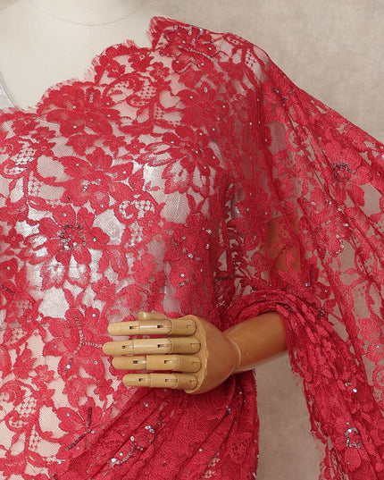 Crimson Red Premium French Chantilly Saree Lace with Stone Work 5.5 Mtrs Length, Width 110 Cms and Made in France-D27173