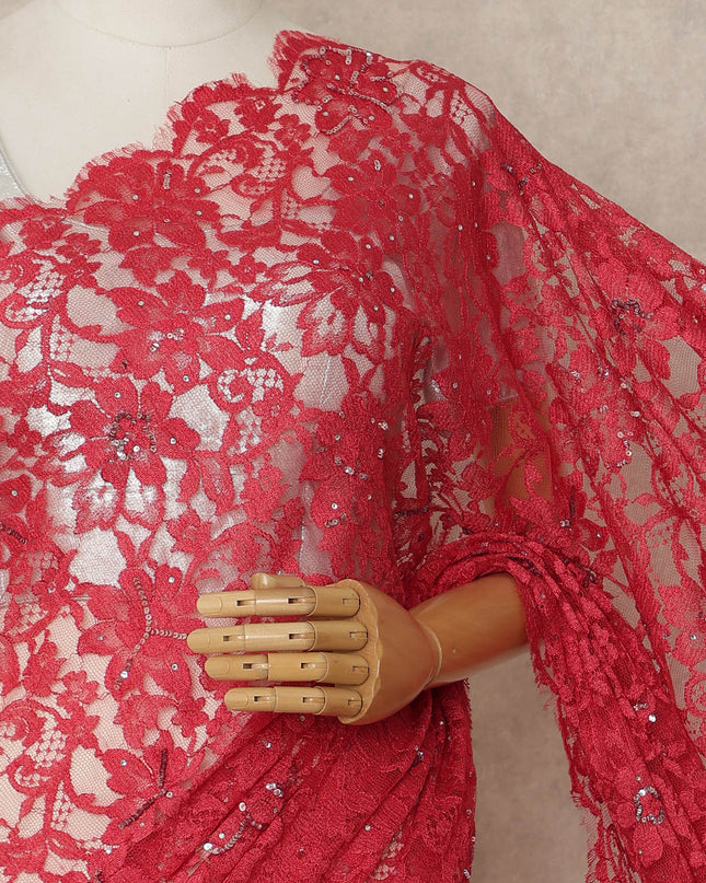 Crimson Red Premium French Chantilly Saree Lace with Stone Work 5.5 Mtrs Length, Width 110 Cms and Made in France-D27173