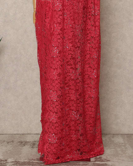 Crimson Red Premium French Chantilly Saree Lace with Stone Work 5.5 Mtrs Length, Width 110 Cms and Made in France-D27173