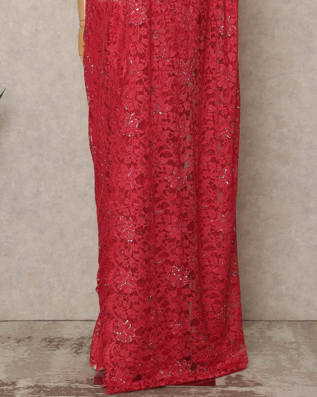 Crimson Red Premium French Chantilly Saree Lace with Stone Work 5.5 Mtrs Length, Width 110 Cms and Made in France-D27173