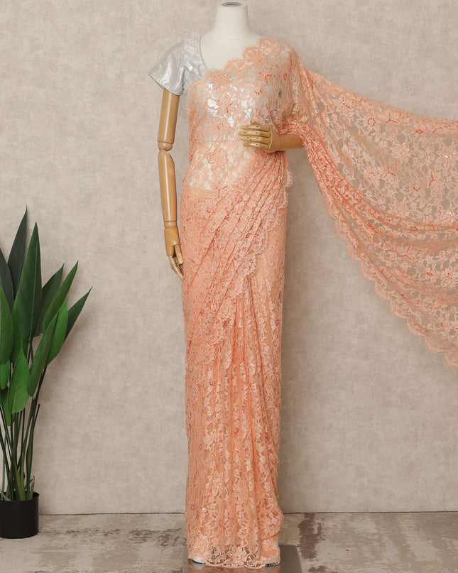 Soft Peach Blush Premium French Chantilly Saree Lace with Stone Work 5.5 Mtrs Length, Width 110 Cms and Made in France-D27174