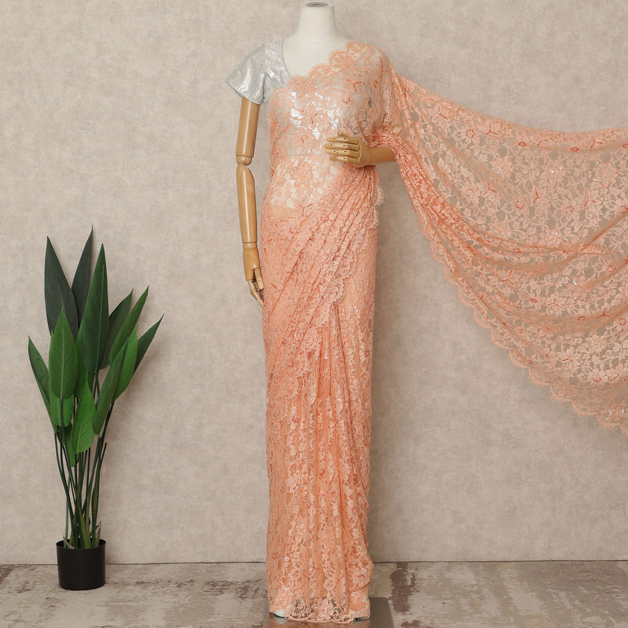 Soft Peach Blush Premium French Chantilly Saree Lace with Stone Work 5.5 Mtrs Length, Width 110 Cms and Made in France-D27174