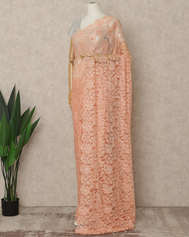 Soft Peach Blush Premium French Chantilly Saree Lace with Stone Work 5.5 Mtrs Length, Width 110 Cms and Made in France-D27174
