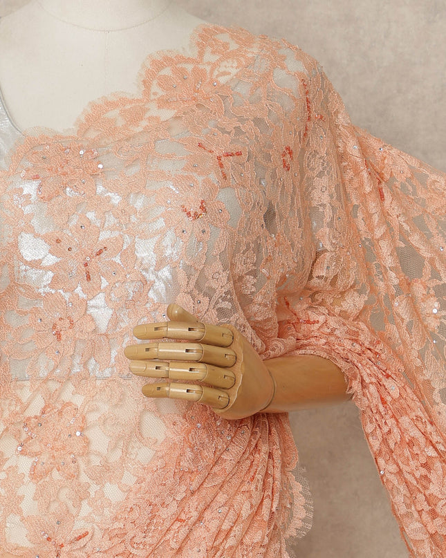 Soft Peach Blush Premium French Chantilly Saree Lace with Stone Work 5.5 Mtrs Length, Width 110 Cms and Made in France-D27174