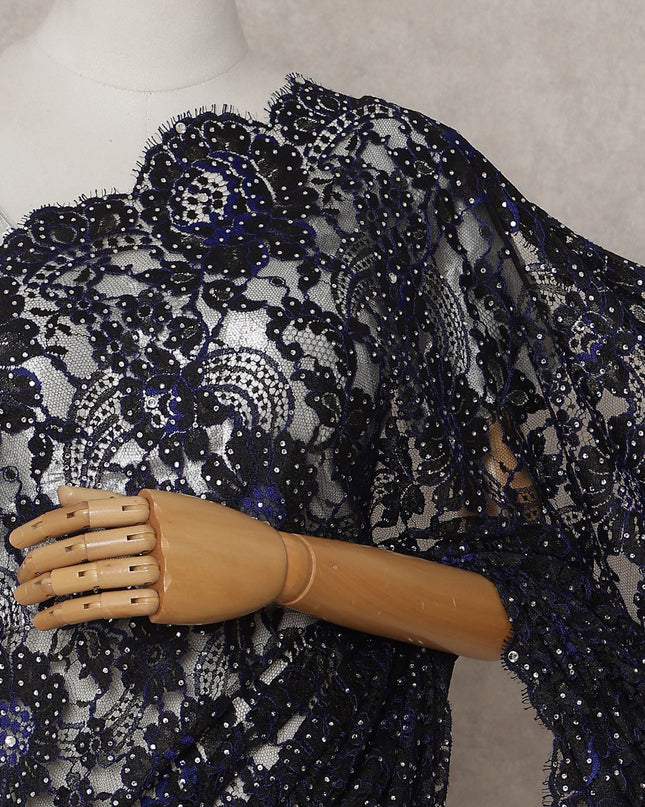 Navy Blue French Chantilly Lace Saree Piece